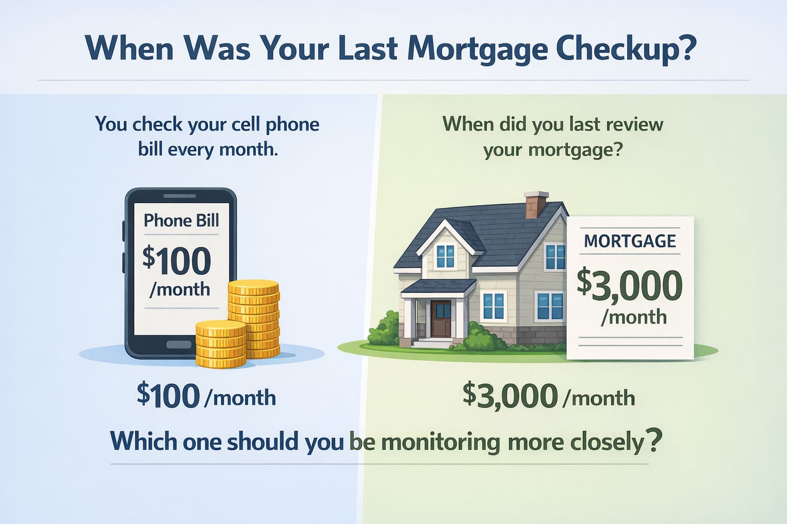 You check your cell phone bill every month.<br />
When did you last review your mortgage?<br />
Your phone bill: ~$100/month<br />
 Your mortgage: ~$3,000/month<br />
Which one should you be monitoring more closely?